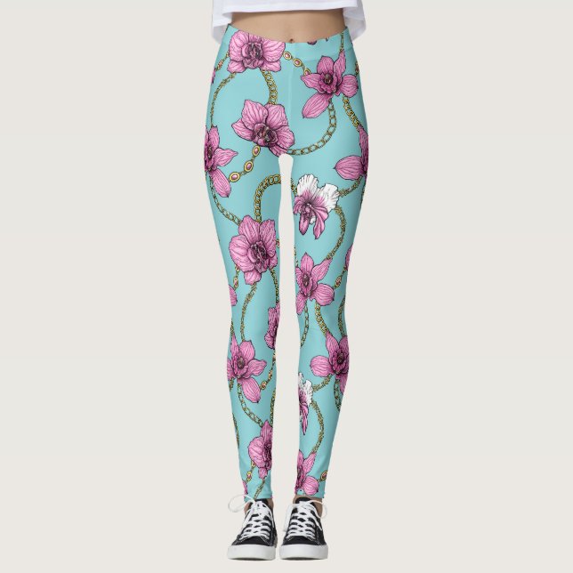 Leggings orquídeas y cadenas, rosa y azul (Anverso)