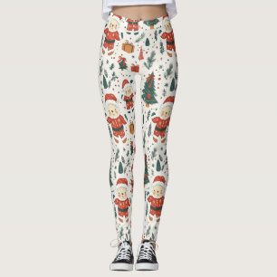 Leggings Oso de peluche lindo y Santa en blanco (1)