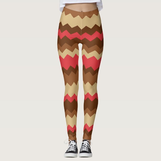 Leggings Otoño marrón y rojo Zig Zag a rayas (Anverso)