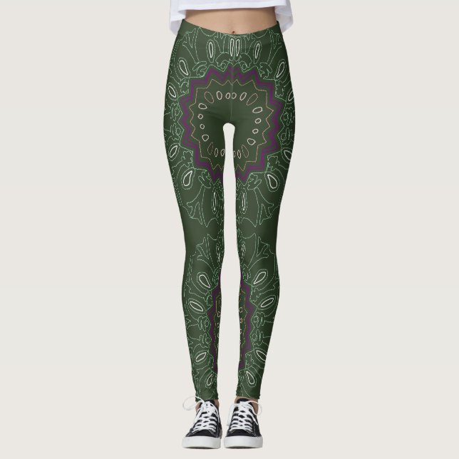 Leggings Ovales y estrellas del Kaleidoscopio Púrpura Verde (Anverso)