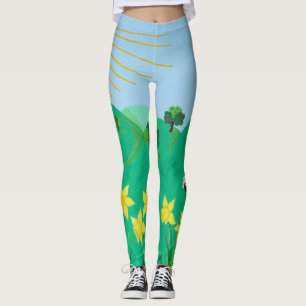 Leggings ovejas lindas con las colinas cielo azul y nube de