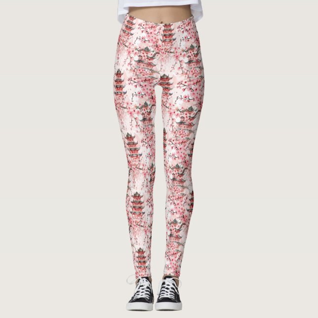 Leggings Pagoda china acuarela con flores de cerezo (7) (Anverso)