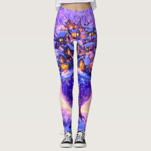 Leggings Paisaje de pueblo de árboles nevados de fantasía d