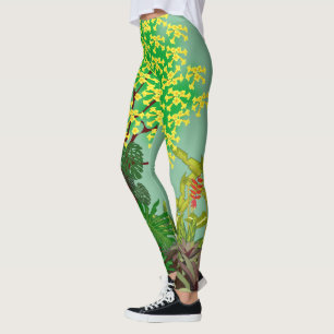 Leggings Paisaje del Jardín Tropical Verde Amarillo Púrpura