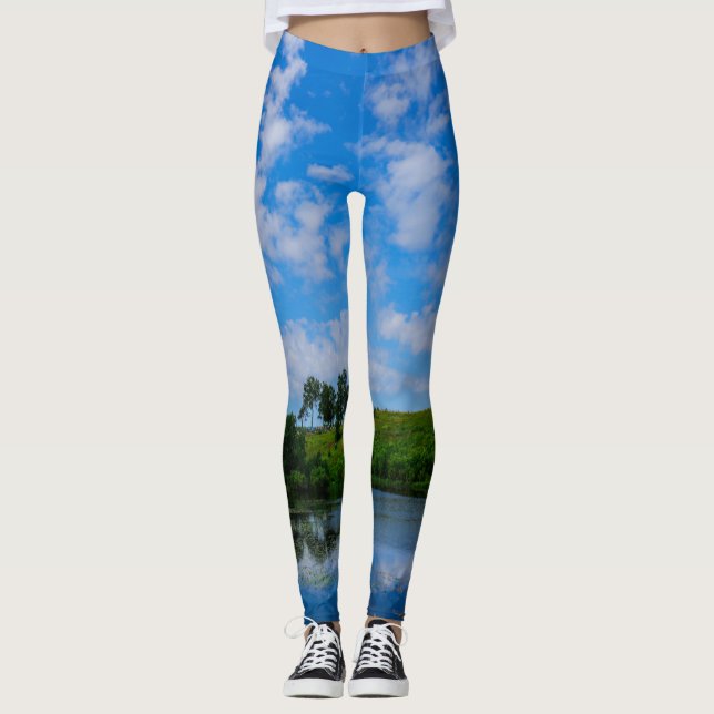 Leggings Paisaje del Lago Sky de los Árboles de Aves Verdes (Anverso)