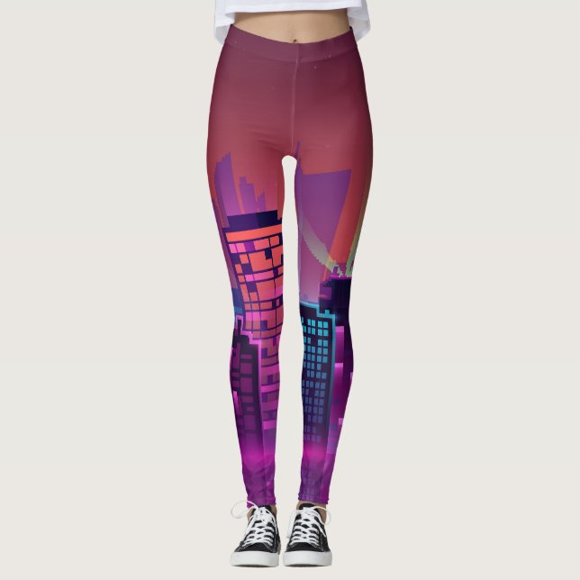 Leggings Paisaje urbano nocturno brillante, vintage. (Anverso)