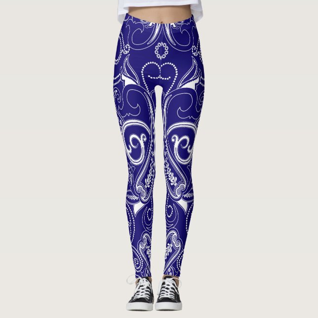 Leggings Paisley monocromo: azul, elegancia blanca. (Anverso)