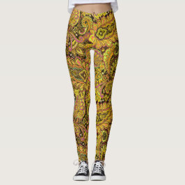 Leggings Paisley Motif in Yellow, Brown on Black Background