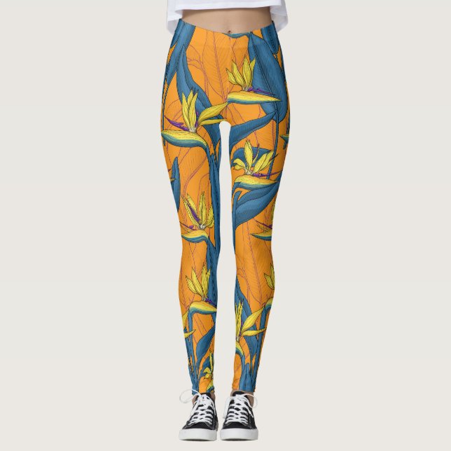 Leggings Pájaro de flores del paraíso en el naranja (Anverso)