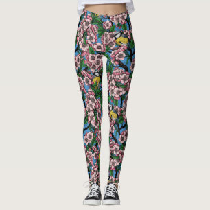Leggings Pájaros azules en el floreciente cerezo en azul