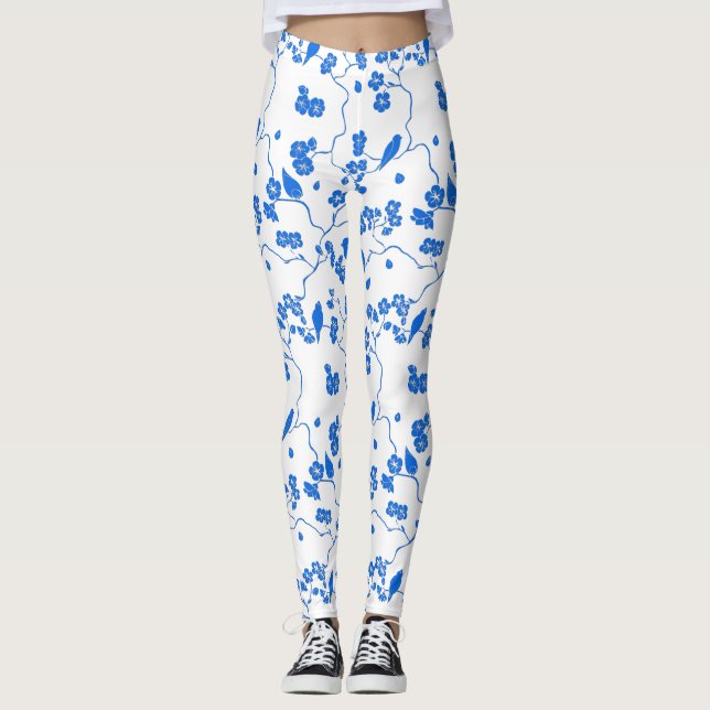 Leggings Pájaros con flores de cerezo impresión azul (Anverso)