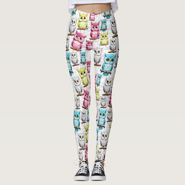 Leggings Pájaros de búho coloridos Patrón de fondo blanco (Anverso)