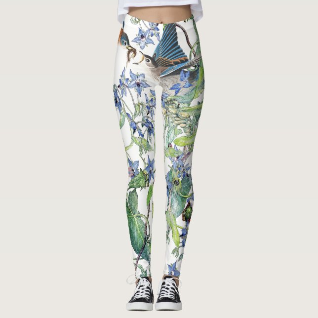 Leggings Pájaros del Bluebird florales por todo las (Anverso)