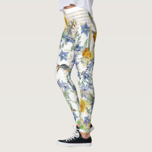 Leggings Pájaros del Bluebird florales por todo las
