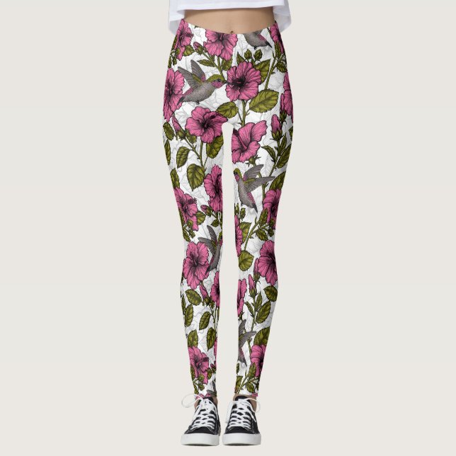 Leggings Pájaros húmedos y flores de hibisco rosa (Anverso)
