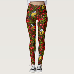 Leggings Pájaros y caderas de rosa de perro, verdes y rojas
