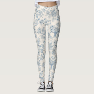 Leggings Pájaros y flor de cerezo en azul y blanco desvaído