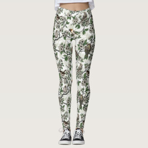 Leggings Pájaros y flor de cerezo sobre blanco