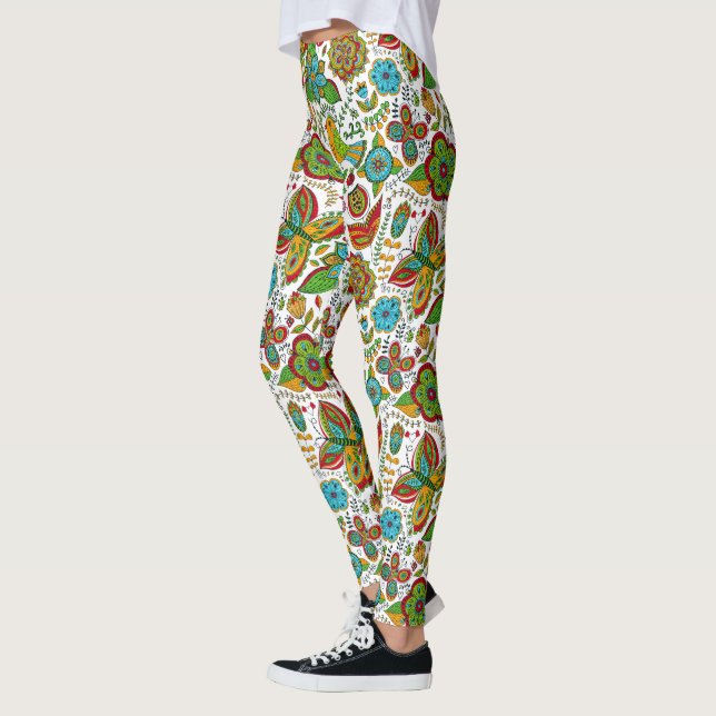 Leggings Pájaros y flores de patrón retro (Izquierda)
