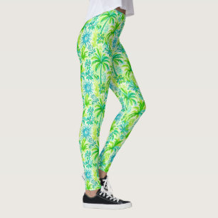 Leggings Palm tropical verde claro e impresión de sol azul