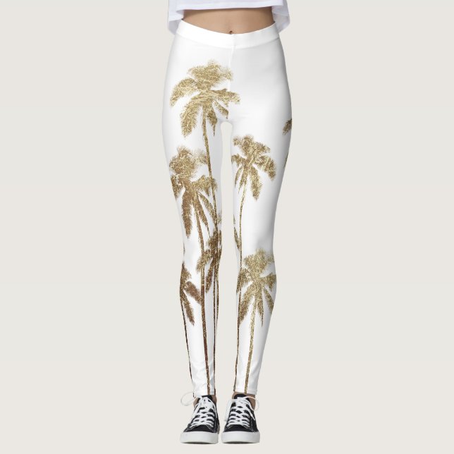 Leggings Palmeras tropicales del oro atractivo en blanco (Anverso)