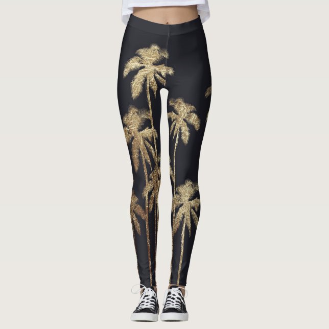 Leggings Palmeras tropicales del oro atractivo en negro (Anverso)