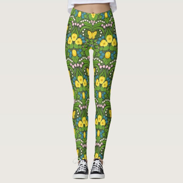 Leggings Pansias amarillas, pájaros y mariposas (Anverso)