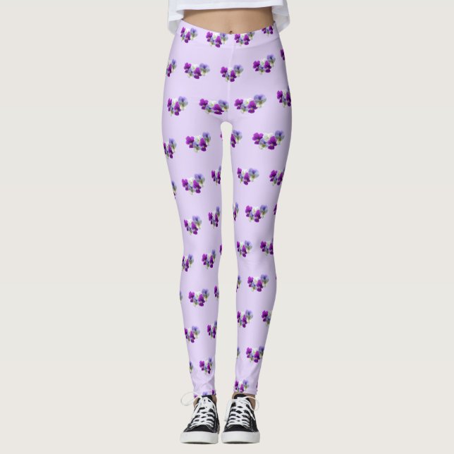 Leggings Pansies Púrpura y Piernas de Patrón Blanco (Anverso)
