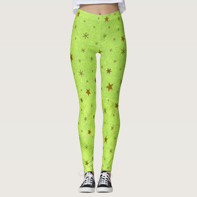 Leggings Papel verde abstracto con estrellas brillantes de  (Anverso)