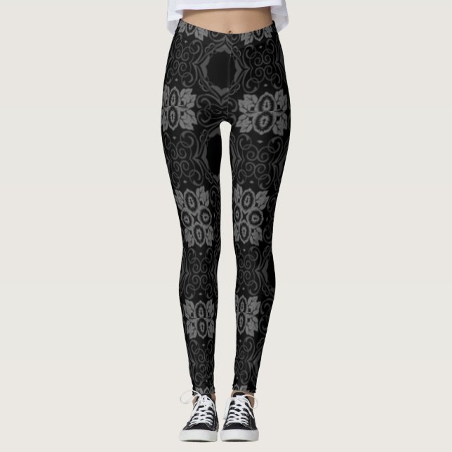 Leggings para mujeres de flores de damasco negro (Anverso)