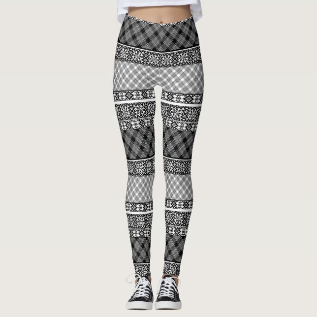 Leggings Parches de rayas blancas y negras con encaje (Anverso)