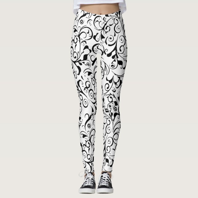 Leggings Paredes de patrón de damasco blanco negro (Anverso)