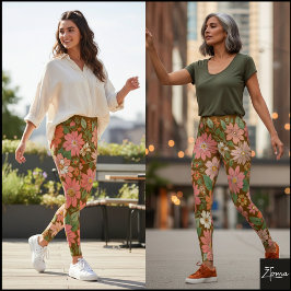 Leggings Pastel Coral Retro Floral Daisy Backdrop - Brown
