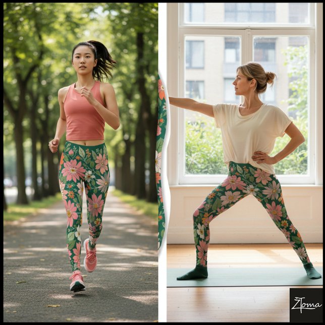 Leggings Pastel Coral Retro Floral Daisy Backdrop - green (Subido por el creador)