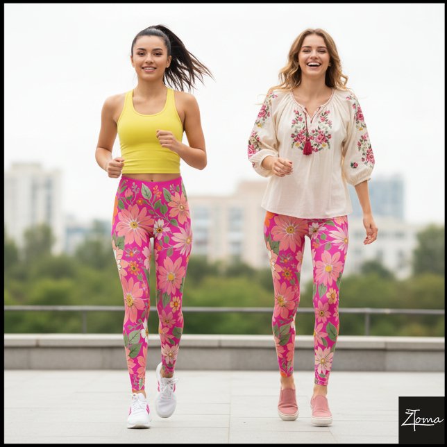 Leggings Pastel Coral Retro Floral Daisy Backdrop - Pink (Subido por el creador)