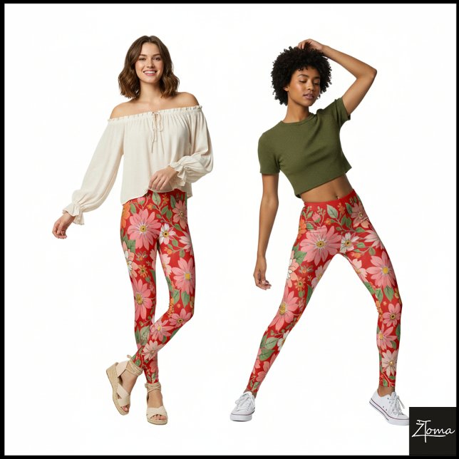 Leggings Pastel Coral Retro Floral Daisy Backdrop - Red (Subido por el creador)