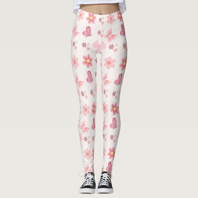 Leggings Pastel Pink Floral & Butterfly Pattern (Anverso)