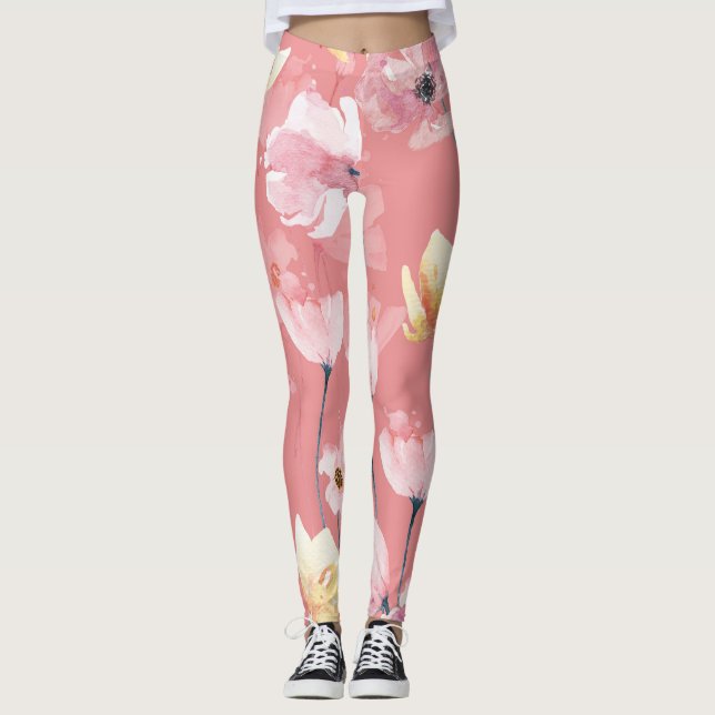 Leggings Pastel Poppies: Floral acuarela sin soldadura. (Anverso)