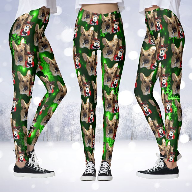 Leggings Pastor alemán, reno de juguetes, copos de nieve ve (German Shepherd, Toy Reindeer, Green Snowflakes Leggings)