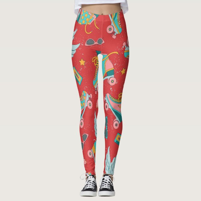 Leggings Patines Retro Roller: Fondo Rojo Brillante (Anverso)
