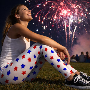 Leggings Patriótico patrón de estrellas rojas y azules sobr