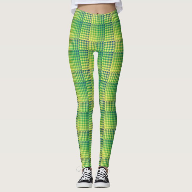 Leggings Patrón abstracto de cuadros verdes y azules (Anverso)