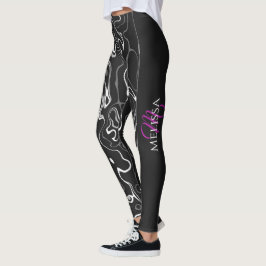 Leggings Patrón abstracto de damasco blanco negro Monograma
