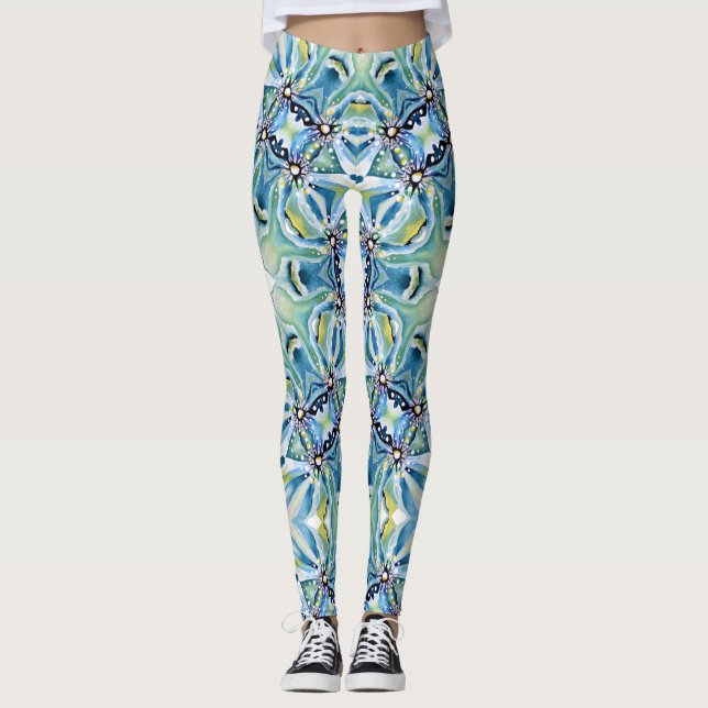Leggings Patrón Abstracto Floral Boho Verde Azul artístico (Anverso)