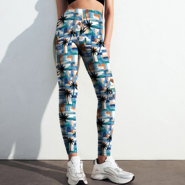Leggings Patrón abstracto moderno de palma azul trópica com (Modern Abstract Blue Palm Checked Pattern Printed Leggings for Yoga, Fitness, & Lifestyle.)