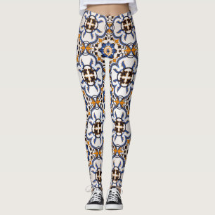 Leggings Patrón amarillo azul azulejo portugués vintage