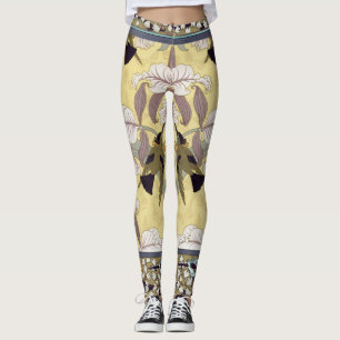 Leggings Patrón Art Nouveau de Orquídea Colibrí Vintage