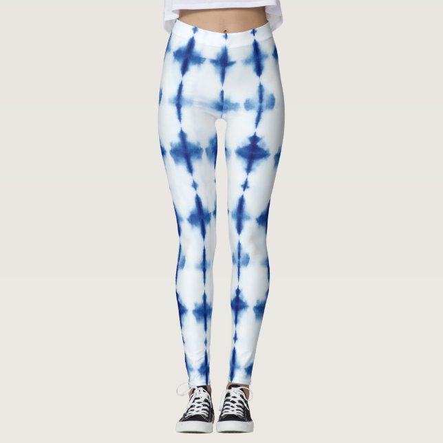Leggings Patrón azul blanco Shibori Índigo azul tinte (Anverso)
