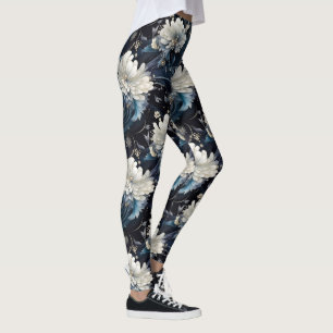 Leggings Patrón azul de la marina floral Pearl Galaxy