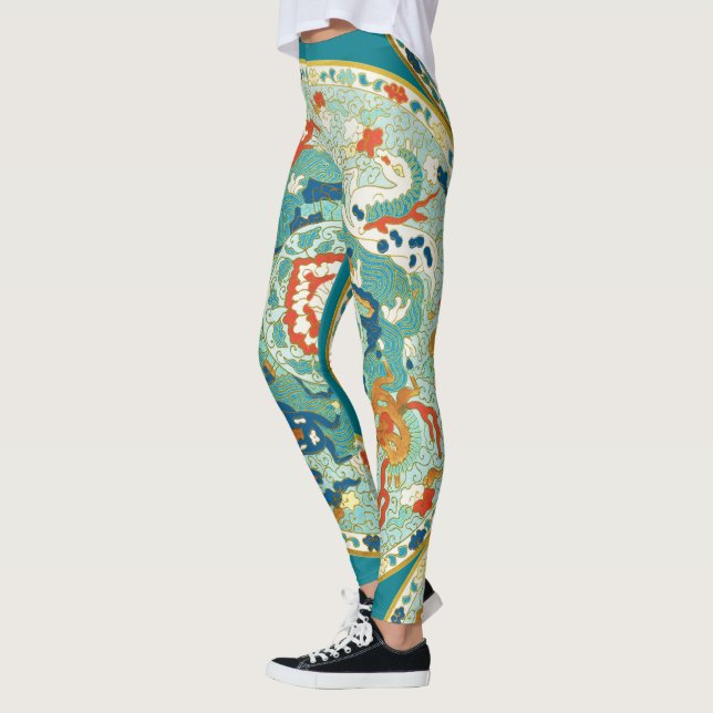 Leggings Patrón azul del Naranja verde del caballo Paisley (Izquierda)